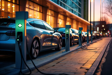 Electric cars charging at the charging station on the street in the evening - obrazy, fototapety, plakaty