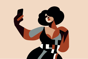 Portrait of a curvy woman taking selfie. in cubism style. Abstract artwork. Simple vector illustration. Creative colorful geometric vector art design illustration.
