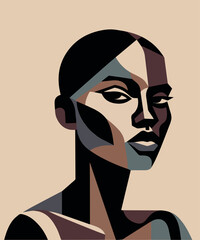 Beautiful black young woman. Abstract portrait in cubism style. Beige and brown colors. Vector illustration