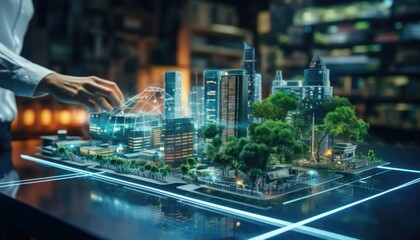 Human touching a advanced technology based on hologram light with greenery city, eco-friendly city on a city background with hologram network icons for energy source research, renewable energy concept
