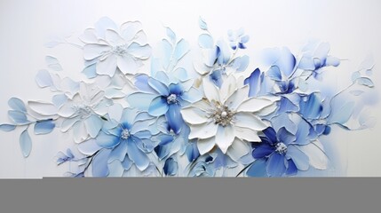 white and blue flowers come together in a stunning tableau on a spotless white canvas.