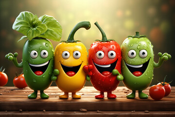 Vegetable characters on wooden table with blurred background.