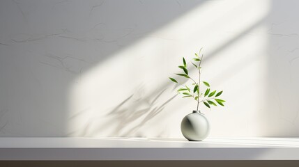 the green branch, shadows and marble wall form a visually appealing and balanced composition in a minimalist style.