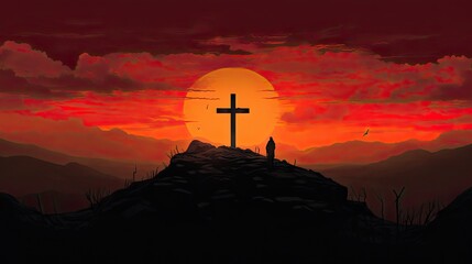 the clear and recognizable outline of the tomb and crucifix against the vibrant colors of the sunset, clearly defined shapes for a realistic depiction - obrazy, fototapety, plakaty