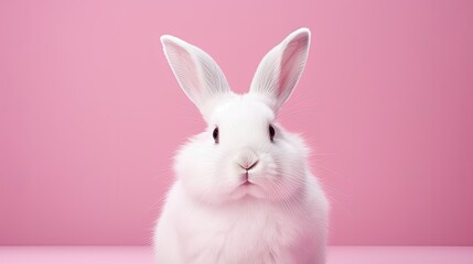 a white rabbit on a pink background that will complement the white rabbit fur. This creates an aesthetic composition that emphasizes the rabbit as the main character