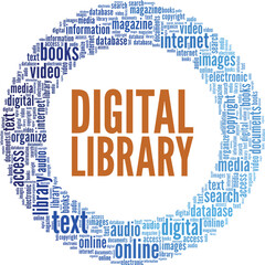 Digital Library word cloud conceptual design isolated on white background.