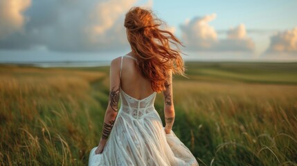 Fototapeta na wymiar Woman with red hair, white dress and many tattoos is walking in a field