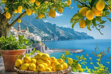Scenic Amalfi Coastline: Lemon Grove and Historic Architecture in Campania, Italy - obrazy, fototapety, plakaty