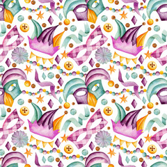 Fototapeta na wymiar Seamless watercolor pattern. Masquerade masks, jester's hat, garland of flags, confetti, stars, colored beads. Carnival, Mardi Gras. Isolated on transparent background.