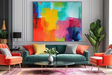 Vibrant Living Room Decor: Colorful Abstract Painting as Wall Art