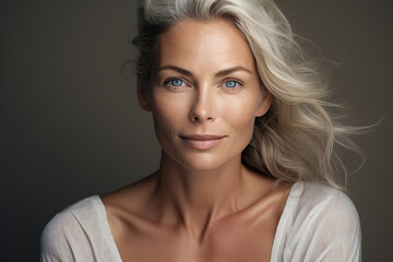 Naklejka premium A beautiful woman with wrinkles on her face, in the style of light silver and beige, calm and serene beauty