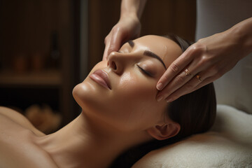Woman having facial massage at beauty spa for her skin treatment, in the style of ultrafine detail, large canvas format, biedermeier, soft light

