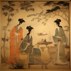 Ancient Japanese women get together at leisure time, old Japanese painting style