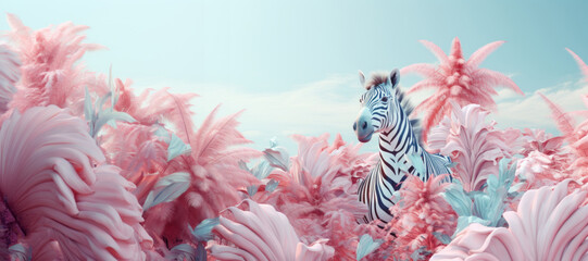Zebra surrounded by pink surreal plants. Dreamy style. Illustration. Generative AI