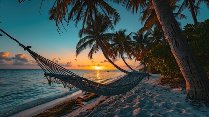 Beachside Relaxing Hammock Scene hung between palm trees on a tropical beach at sunset.