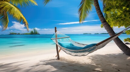 Fototapeta na wymiar Beachside Relaxing Hammock Scene hung between palm trees on a tropical beach.