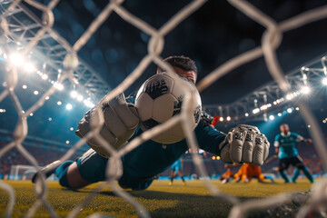 A soccer goalkeeper makes a decisive save during a penalty shootout at a crucial moment in a match.