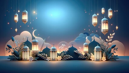 Ramadan Kareem celebration background illustration with Mosque, arabic lanterns and moon. - obrazy, fototapety, plakaty