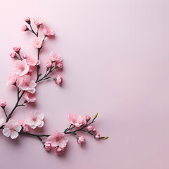 Blooming sakura branch on pink background. Symbol of life beginning and the awakening of nature.