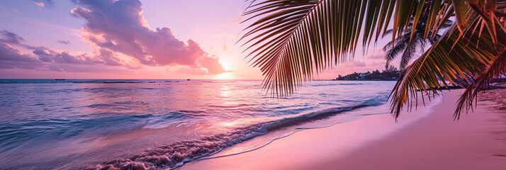 Sunny exotic beach by the ocean with palm trees at sunset summer vacation Generate AI