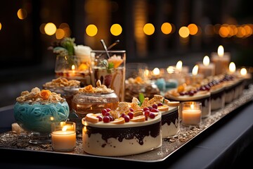 Elegant station of varied puddings in wedding party., generative IA