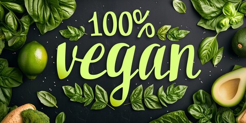 Text "100% vegan". Spinach leaves. Eco-friendly. Farm. Concept Healthy Food. Inscription. Design for food. Organic products. Greenery. Vegetarian. Diet, proper nutrition. Superfood. Dark background