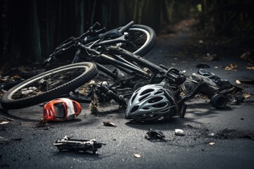 Two bicycles lying on the ground side by side after falling over, Bicycle collision road accident with a broken bike and helmet, AI Generated