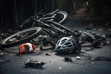 Foto op Canvas Two bicycles lying on the ground side by side after falling over, Bicycle collision road accident with a broken bike and helmet, AI Generated © Iftikhar alam