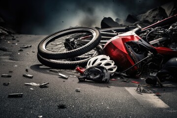 A motorcycle lies on the ground, damaged and abandoned after an accident, Bicycle collision road accident with a broken bike and helmet, AI Generated