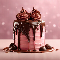 Pink Cake With Chocolate Dripping 