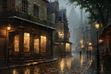 Fototapeta na wymiar A captivating painting capturing the movement and mystery of people striding down a dimly lit street in the nighttime, An atmospheric painting of a rain-soaked alley in Paris, AI Generated