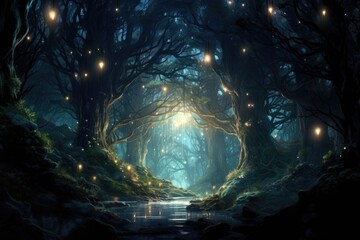 Obraz na płótnie Canvas A captivating image of a dark, enigmatic forest illuminated by an abundance of twinkling lights, An enchanted forest filled with glowing, magical creatures, AI Generated
