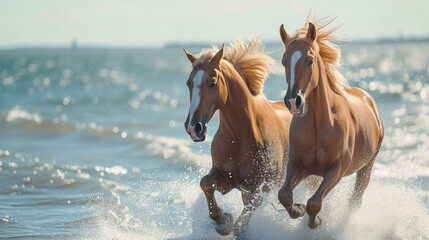 Majestic horses run alongside the water in a breathtaking display of freedom and grace, horses image