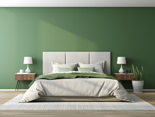 Fototapeta na wymiar 3D modern bedroom with green wall and white bed and furniture