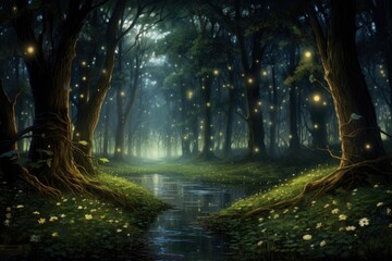 Obraz premium A mesmerizing painting of a lush forest with a flowing stream, brought to life by the enchanting glow of fireflies, An enchanting forest filled with fireflies at dusk, AI Generated