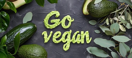 Text "Go vegan". Spinach leaves. Eco-friendly. Farm. Concept Healthy Food. Inscription. Design for food. Organic products. Greenery. Vegetarian. Diet, proper nutrition. Superfood. Dark background