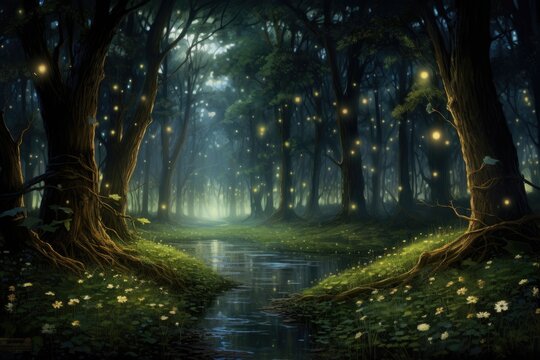 A mesmerizing painting of a lush forest with a flowing stream, brought to life by the enchanting glow of fireflies, An enchanting forest filled with fireflies at dusk, AI Generated © Iftikhar alam