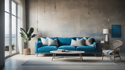 Coastal interior design of modern living room with blue sofa and stucco distressed wall 