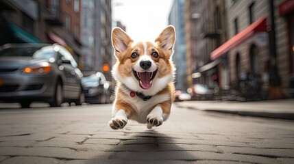 Energetic urban vibes: A cute Welsh Corgi Pembroke sprinting joyfully on the city streets.