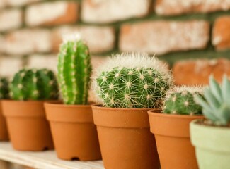 Many cactus assorted isolated on wooden shelf