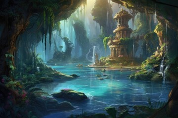 A captivating painting showcasing a breathtaking waterfall surrounded by lush greenery in a serene forest, An enchanting scene of a mermaid lagoon, AI Generated