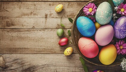 Fototapeta na wymiar Colorful easter eggs on wood background
