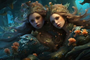 Two women with long hair are enjoying themselves in the water, surrounded by a beautiful natural setting, An enchanting underwater kingdom with mermaids, AI Generated