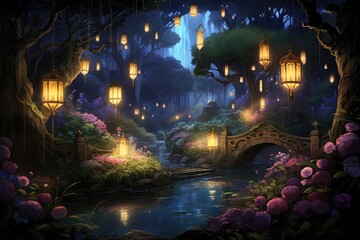 A serene night scene featuring a bridge and lanterns, creating a peaceful and softly lit atmosphere, An enchanting forest filled with fireflies at dusk, AI Generated