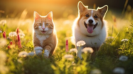 essence of summer joy with a red cat and corgi dog, happily walking in a sunlit meadow.