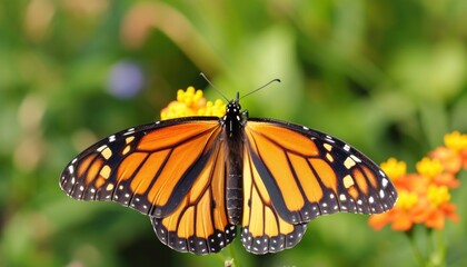 Graceful monarch butterfly showcasing vibrant wings in a garden, insects and butterflies image