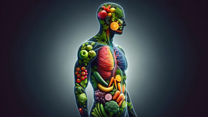 Vibrant anatomical illustration with fruits and vegetables as human organs, detailed edible anatomy artwork, health and nutrition concept