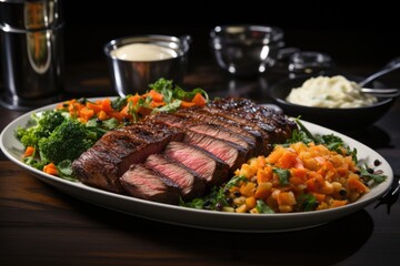 Gourmet picanha surrounded by refined side dishes and special sauces., generative IA