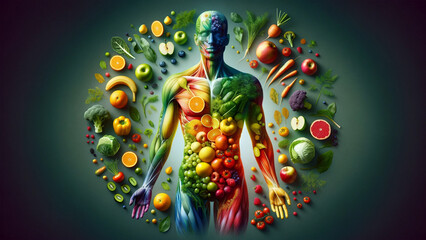 Vibrant anatomical illustration with fruits and vegetables as human organs, detailed edible anatomy artwork, health and nutrition concept