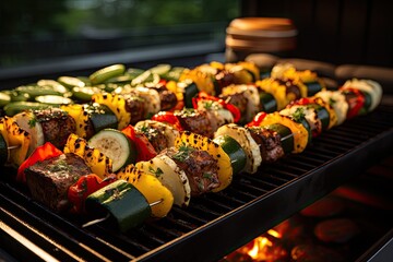 Vibrant Vegetarian Barbecue: Colorful skewers and meatless dishes grilling perfectly., generative IA - obrazy, fototapety, plakaty